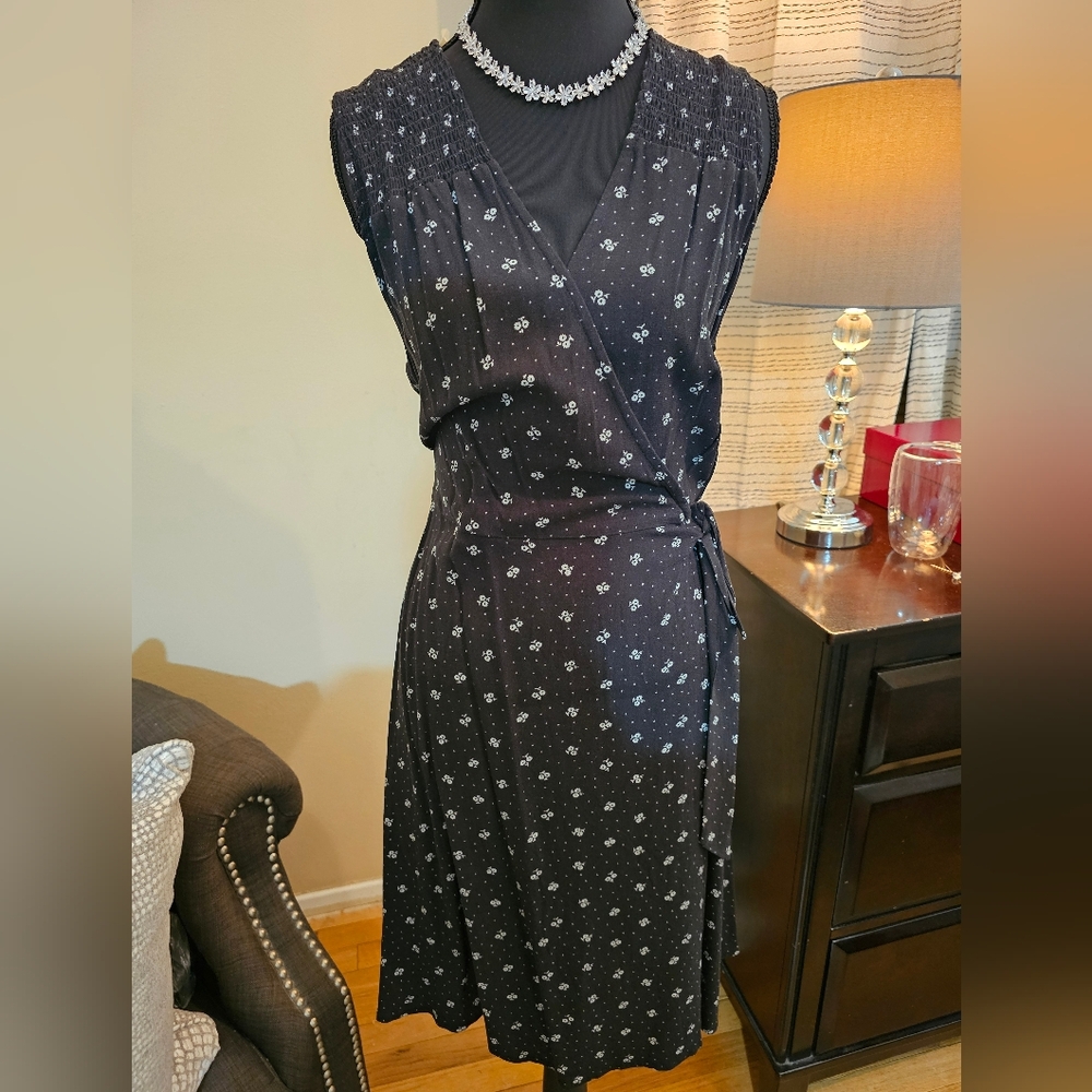 New Day Black Floral Wrap Dress with Smocked Shoulders New